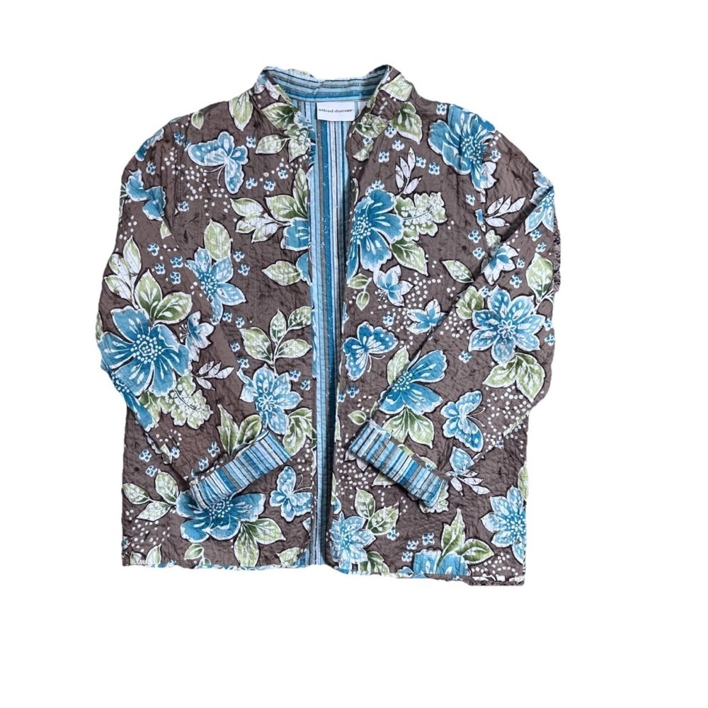 Alfred Dunner Blue Brown Floral Butterflies Striped Quilted Jacket Blazer 12 Art